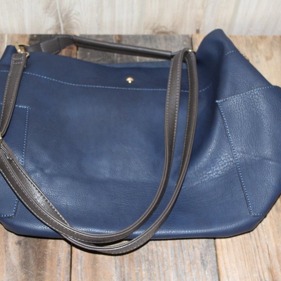 Women Dark Blue Bucket Bag 2 Straps Over Shoulder + Briefcase Handle Style - Picture 3 of 15